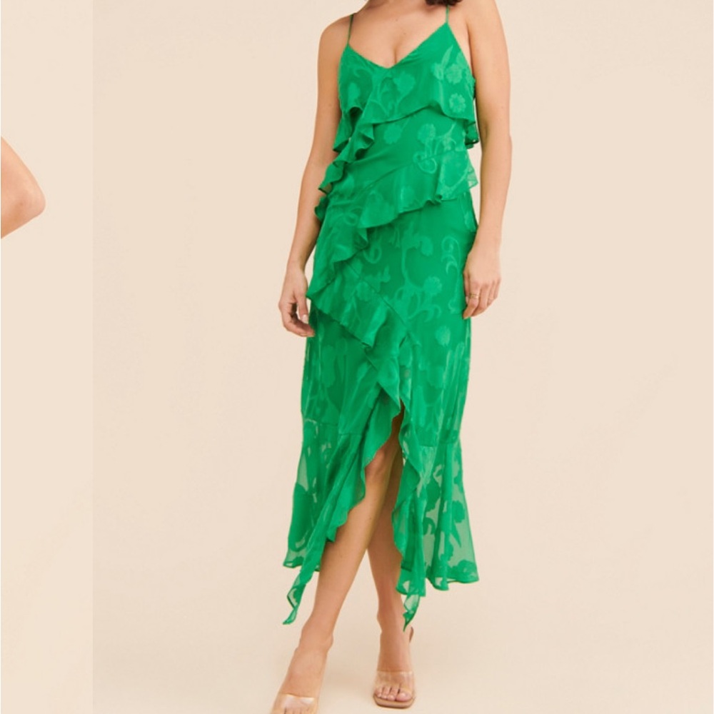 Green Asymmetrical Ruffle Midi Dress